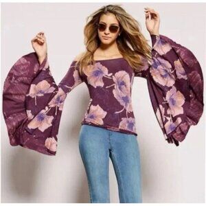 We the Free People Birds of Paradise Purple Floral Bell Sleeve Top Small 9745